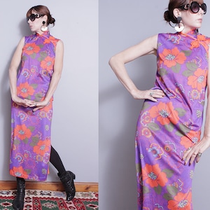 Vintage 1970's Purple Large Floral Colorful Mandarin Collar Maxi Dress S image 1