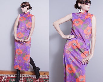 Vintage 1970's | Purple | Large Floral | Colorful | Mandarin Collar | Maxi | Dress | S