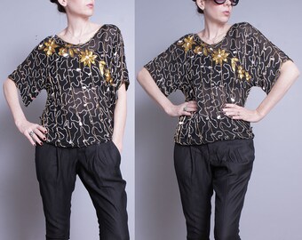 Vintage 1970's/1980's | Sequin | Sparkle | 100% Silk | Floral | Top | Blouse | M