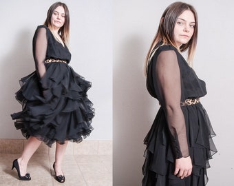Vintage 1970's | Black | Sheer | Ruffled Skirt | Evening | Party | Dress | M