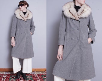 Vintage 1970's | Gray | Wool | Fur | Collar | Overcoat | Coat | S/M