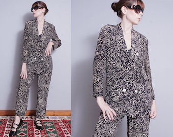 Vintage 1980's | JAEGER | Black | Abstract Floral | Silk Blend | 2 Piece | Jacket & Pants | Suit | S