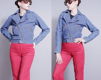 Vintage 1980's | Motorcycle Style | Medium Wash | Denim | Jean | Jacket | XS/S