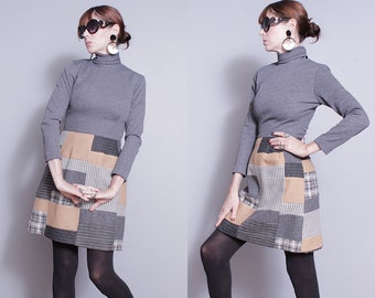 Vintage 1960's | Gray | Mid Century | Turtleneck | Scooter | Patchwork | Mini | Dress | S