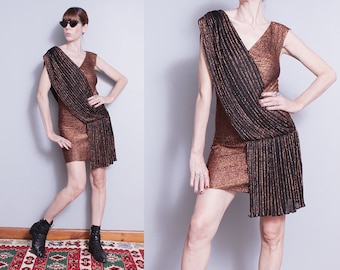 Vintage 1970's | Copper Metallic | Draped | Disco | Mini | Dress | S