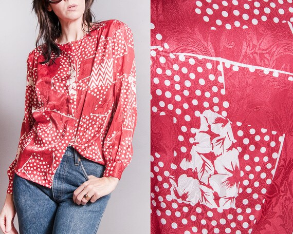 floral polka dot blouse red printed shirt medium 70s red psychedelic shirt red polka dot button down graphic western shirt