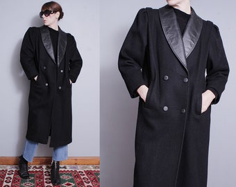 Vintage 1980's | Black | Wool | Double Breasted | Leather Trim | Coat | Overcoat | S