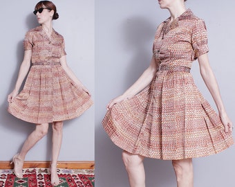 Vintage 1950's | Patterned | Fit and Flare | Mid Century | MCM | Dress | S/M