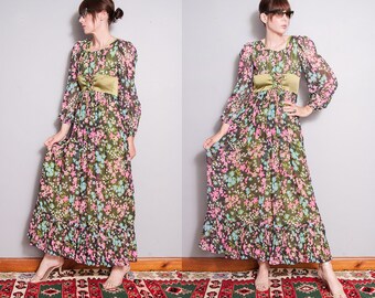 Vintage 1970's | Floral | Corset Waist | Maxi | Dress | XS