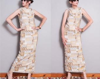 Vintage 1970's | Geometric Pattern | Mid Century | MCM | Maxi | Dress | S