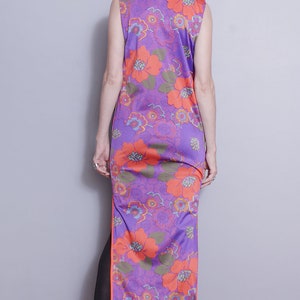 Vintage 1970's Purple Large Floral Colorful Mandarin Collar Maxi Dress S image 5