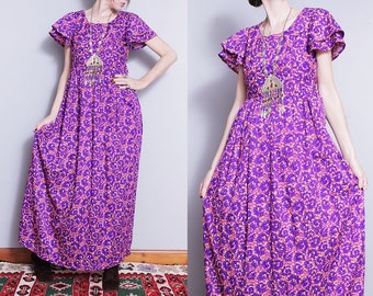 Vintage 1970's | Purple | Petite Floral | Ruffled Sleeve | Maxi Dress | XS