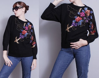 Vintage 1980's | Black | Floral | Sequin | Wool Angora Blend | Pullover | Sweater | M/L