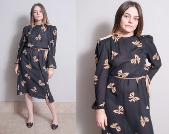 Vintage 1970's | Black | Bow | Printed | Patterned | Dress | M