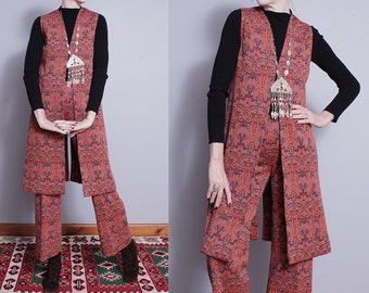 Vintage 1970's | 2 Piece Outfit | Psychedelic | Patterned | Flared Pants | Long Vest | Made in France | S