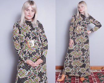 Vintage 1970's | Geometric Pattern | Abstract | Boho | Long Maxi | Dress | XS