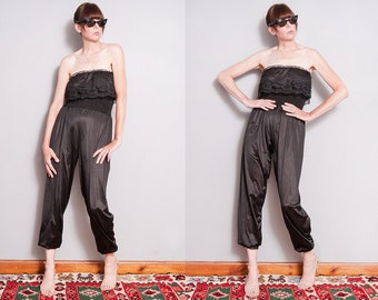 Vintage 1970's | Black | Lingerie Style | Strapless | Lace | Playsuit | Pant | Jumpsuit | S