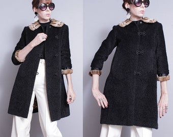 Vintage | 1950's/1960's | Black | Leopard Trim | Faux Fur | 3/4 Length Sleeves | Coat | XS