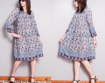 Vintage 1970's | Blue | Floral & Paisley | Cotton | Dress | Made in India | S