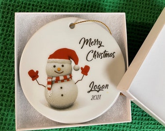 Snowman personalized Christmas ornament, 3" round ceramic ornament, Your message on Christmas ornament, FREE shipping