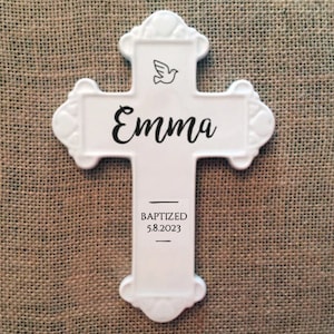 White ceramic baptismal cross, personalized baptismal cross, ceramic wall cross, FREE Shipping image 1