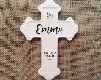 White ceramic baptismal cross, personalized baptismal cross, ceramic wall cross, FREE Shipping