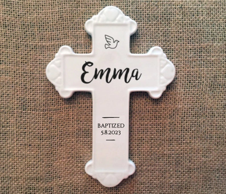 White ceramic baptismal cross, personalized baptismal cross, ceramic wall cross, FREE Shipping image 1