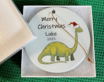 Child's dinosaur personalized Christmas ornament, 3" round ceramic ornament, Your message on Christmas ornament, FREE shipping