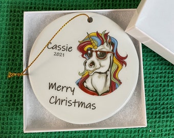 Hipster unicorn personalized Christmas ornament, 3" round ceramic ornament, Your message on Christmas ornament, FREE shipping