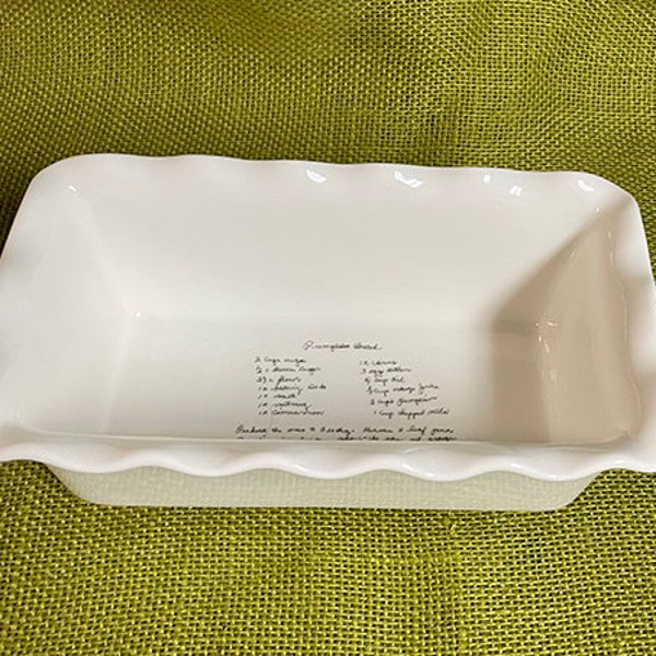 Recipe on Loaf Pan, personalized white ceramic bread pan