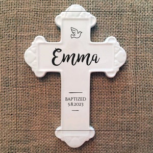 White ceramic baptismal cross, personalized baptismal cross, ceramic wall cross, FREE Shipping image 2