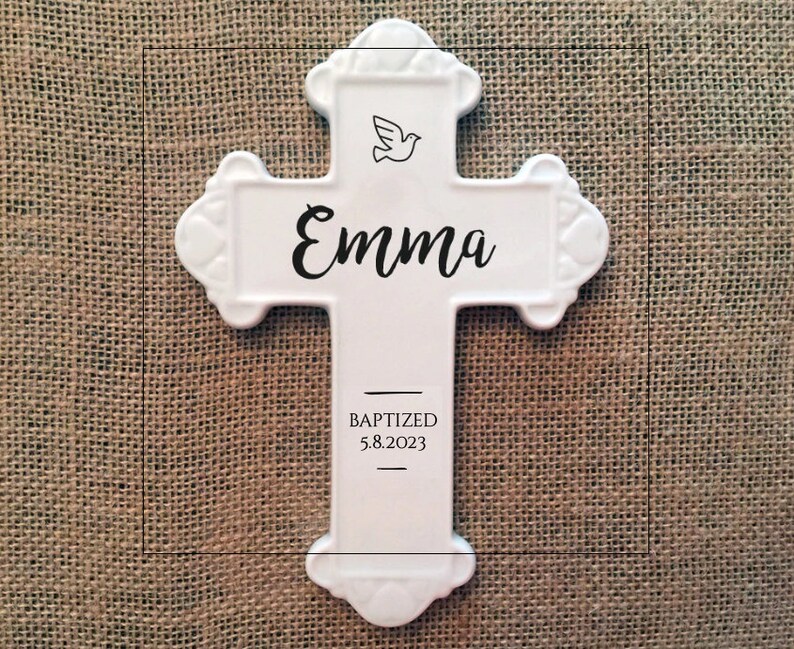 White ceramic baptismal cross, personalized baptismal cross, ceramic wall cross, FREE Shipping image 2