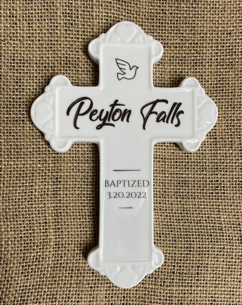 White ceramic baptismal cross, personalized baptismal cross, ceramic wall cross, FREE Shipping image 9