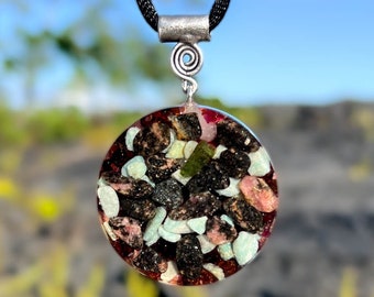 Galactic Orgone Pendant Rhodonite Amazonite & Garnet - Silver Healing Necklace - 432 Hz, Ancient Solfeggio, Archangelic Frequency