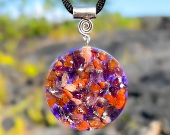 Galactic Orgone Pendant Carnelian Amethyst & Rhodizite - Silver Healing Necklace - 432 Hz, Ancient Solfeggio, Archangelic Frequency