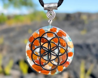 Galactic Orgone Pendant Petrified Wood & Blue Lace Agate - Silver Healing Necklace - 432 Hz, Ancient Solfeggio, Archangelic Frequency