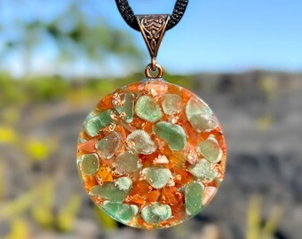 Galactic Orgone Pendant Carnelian & Green Aventurine - Copper Healing Necklace - 432 Hz, Ancient Solfeggio, Archangelic Frequency