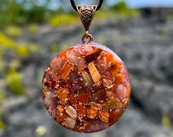 Galactic Orgone Pendant Carnelian Red Aventurine Petrified Wood - Copper Healing Necklace - 432 Hz, Ancient Solfeggio, Archangelic Frequency