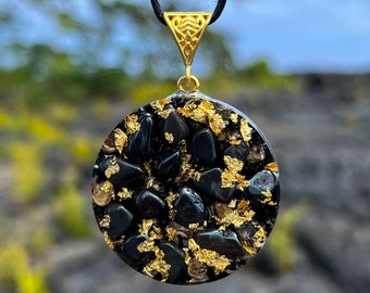 Galactic Orgone Pendant Tourmaline Hematite Turritella Agate - Gold Healing Necklace - 432 Hz, Ancient Solfeggio, Archangelic Frequency
