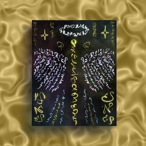 May include: A black background with a colorful design of swirling lines and symbols. The design is centered and symmetrical. The text "Omniscient" is written vertically in the center of the design.