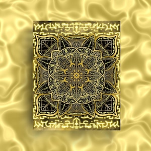 May include: A gold mandala with intricate details on a yellow background. The mandala is surrounded by a border of gold text.