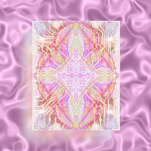 Puede incluir: Una impresión de arte digital con un diseño de mandala rosa, amarillo y blanco sobre un fondo rosa. El mandala está rodeado por un patrón de placa de circuito.