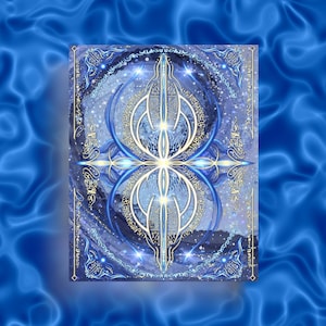 May include: A blue and gold card with a geometric design in the center. The card has a white border and a blue background with a swirling pattern.