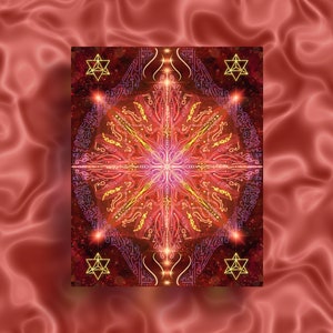 May include: A red background with a gold and purple mandala design in the centre. The mandala is surrounded by a square frame with gold accents. The design is intricate and detailed, with a variety of geometric shapes and patterns.