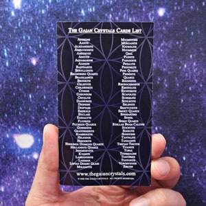 Może przedstawiać: Czarno-biała karta z listą kryształ&oacute;w i ich nazwami. Karta ma geometryczny wz&oacute;r w tle. Tekst u g&oacute;ry karty brzmi "The Gaian Crystals Cards List". Tekst u dołu karty brzmi "www.thegaiancrystals.com".