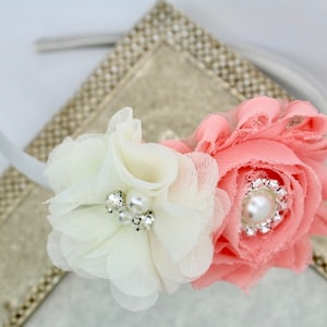 Coral flower girl headband, coral and ivory headband, coral headbands, satin hard headbands, toddler hard headbands, coral hair accessory