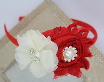 Red and ivory headband, red headbands, ivory flower girl headband, cream and red wedding headband, girls headband red toddler headbands