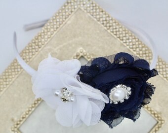 Navy blue headband navy blue and white flower girl headband navy blue and white headband navy blue wedding headband navy girls headbands