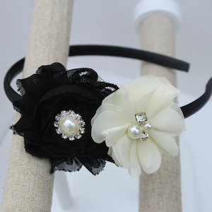 Girls headbands, flower girl headband, black and ivory headband, black headbands, flower headbands, ivory and black headbands