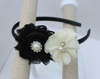 Girls headbands, flower girl headband, black and ivory headband, black headbands, flower headbands, ivory and black headbands